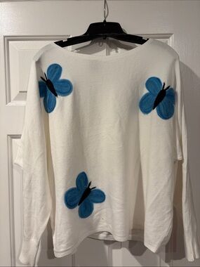 White Women's Sweater with Blue Butterfly Appliqué